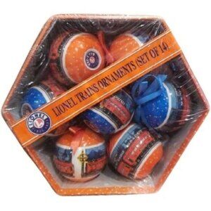 Lionel Trains Christmas Ornaments Set 14 Hexagon Storage Box Orange Blue Design